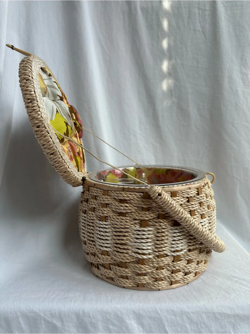 Vintage 1960s Woven Sewing Basket / Sewing Box Made in Japan | Floral Lining
